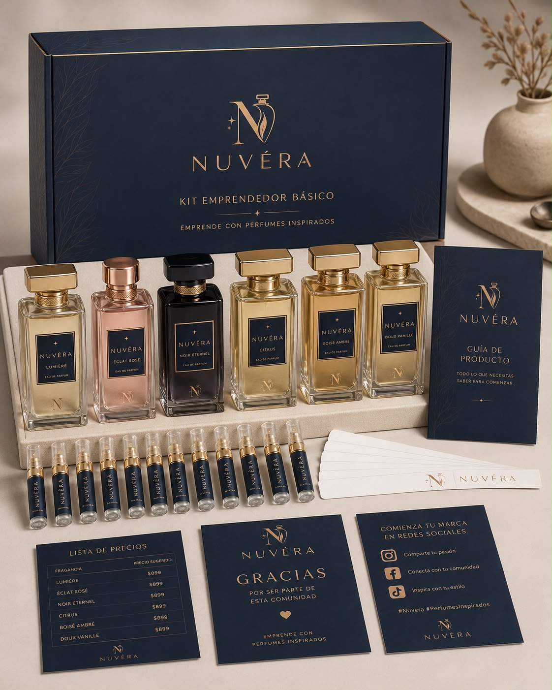 Kit emprendedor NUVÉRA con perfumes, muestras y material comercial